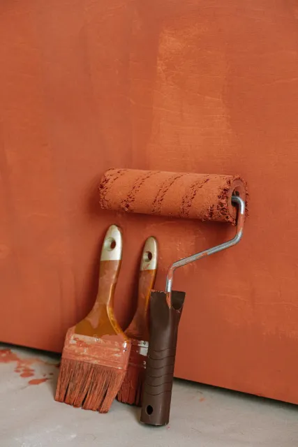 Stock reference: brushes and a roller with warm red paint.