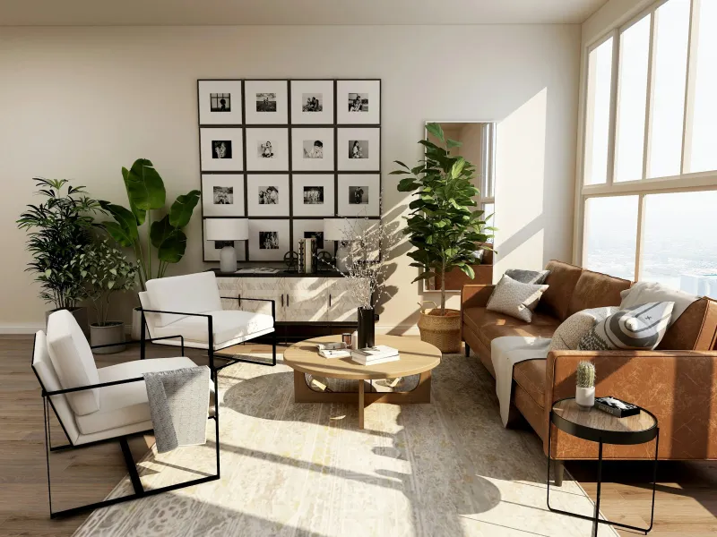 Stock reference: a modern living room with warm furnishings and coordinated finishes.
